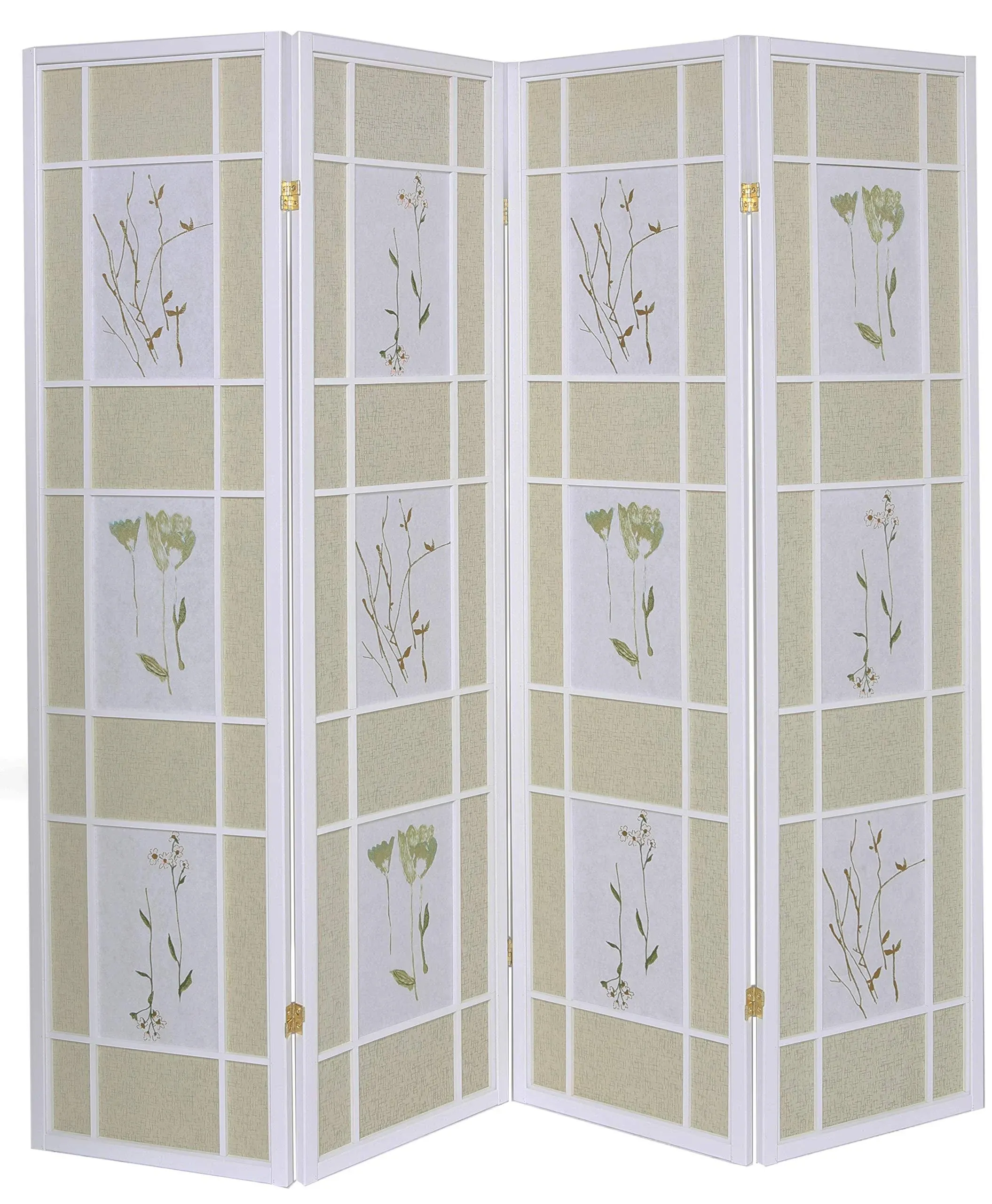 Legacy Decor 4 Panel White Floral Accented Screen Room Divider with Wood Frame and Shoji Paper