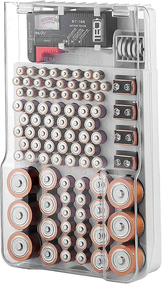 THE BATTERY ORGANISER and Tester with Cover, Battery Storage Organizer and Case, Holds 93 Batteries of Various Sizes, Includes a Removable Battery Tester, Battery Holder for Garage Organization, White