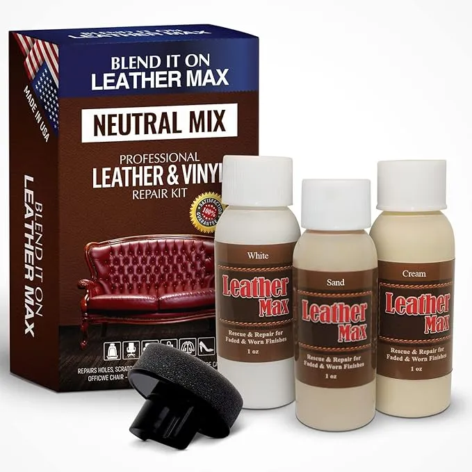 Leather Max Quick Blend Refinish and Repair Kit, Restore Couches, Recolor Furniture & Repair Car Seats, Jackets, Sofa, Boots / 3 Color Shades to Blend with/Leather Vinyl Bonded and More (Neutral Mix)