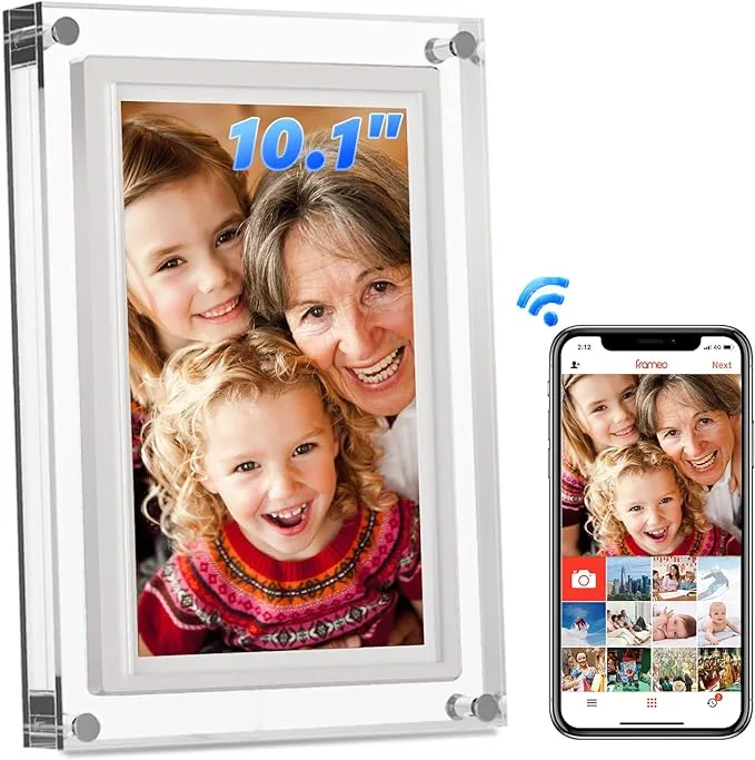 Digital Picture Frame WiFi, Frameo 10.1 Inch Acrylic Video Picture Frame, IPS LCD Touch Screen, Auto Rotation Photo/Video, Gifts for Mom&Dad