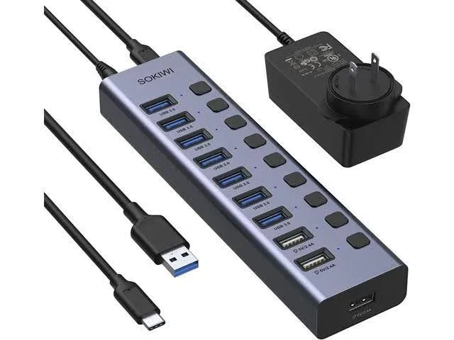 Powered USB 3.0 Hub, Sokiwi 10 Ports USB Hub Splitter(7 Data Transfer Ports+ 3 ...