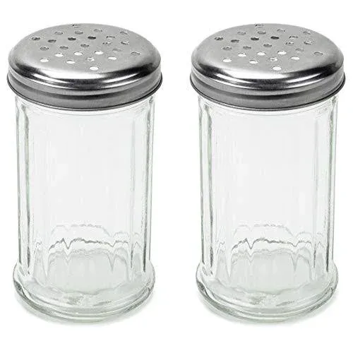 SET of 2 - 12 Oz. (Ounce) Multi-purpose Spice Seasoning Grated Cheese Shaker Retro Dispenser, Glass Jar, Perforated Stainless Steel Lid