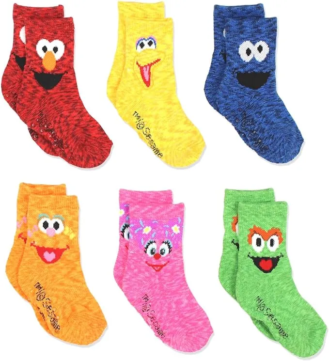 Sesame Street Elmo Boys Girls Multi Pack Crew Socks with Grippers (12-24 Months, Abby Zoe 6 pk)