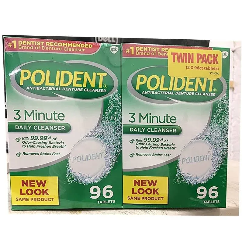 Improved Triple Mint Freshness - Polident Antibacterial 3 Minute Denture Cleanser 96 Tablets per Box (Pack of 2)