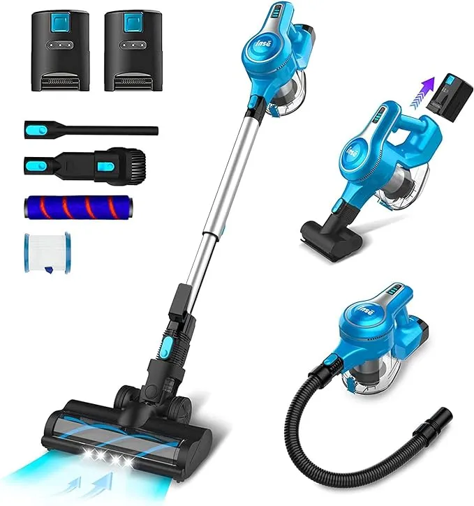 INSE Cordless Vacuum Cleaner, 28Kpa 300W Brushless Stick Vacuum with 2 Batteries, Up to 90min Runtime, 10-in-1 Powerful Rechargeable Lightweight Cordless Vacuum for Carpet Hard Floor Pet Hair, S6P Pro