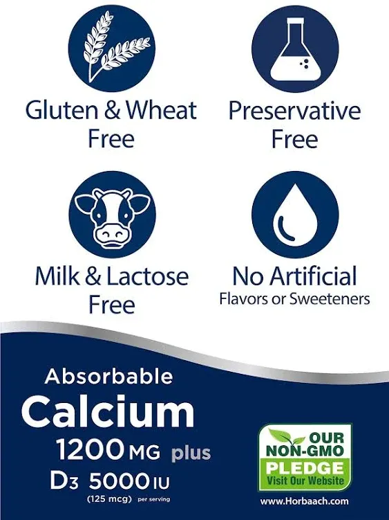 Horbäach Calcium 1200 mg with Vitamin D3 | 240 Softgels | 5000 IU Vitamin D3 | Absorbable Calcium Supplement | Non-GMO, Gluten Free Calcium Supplement