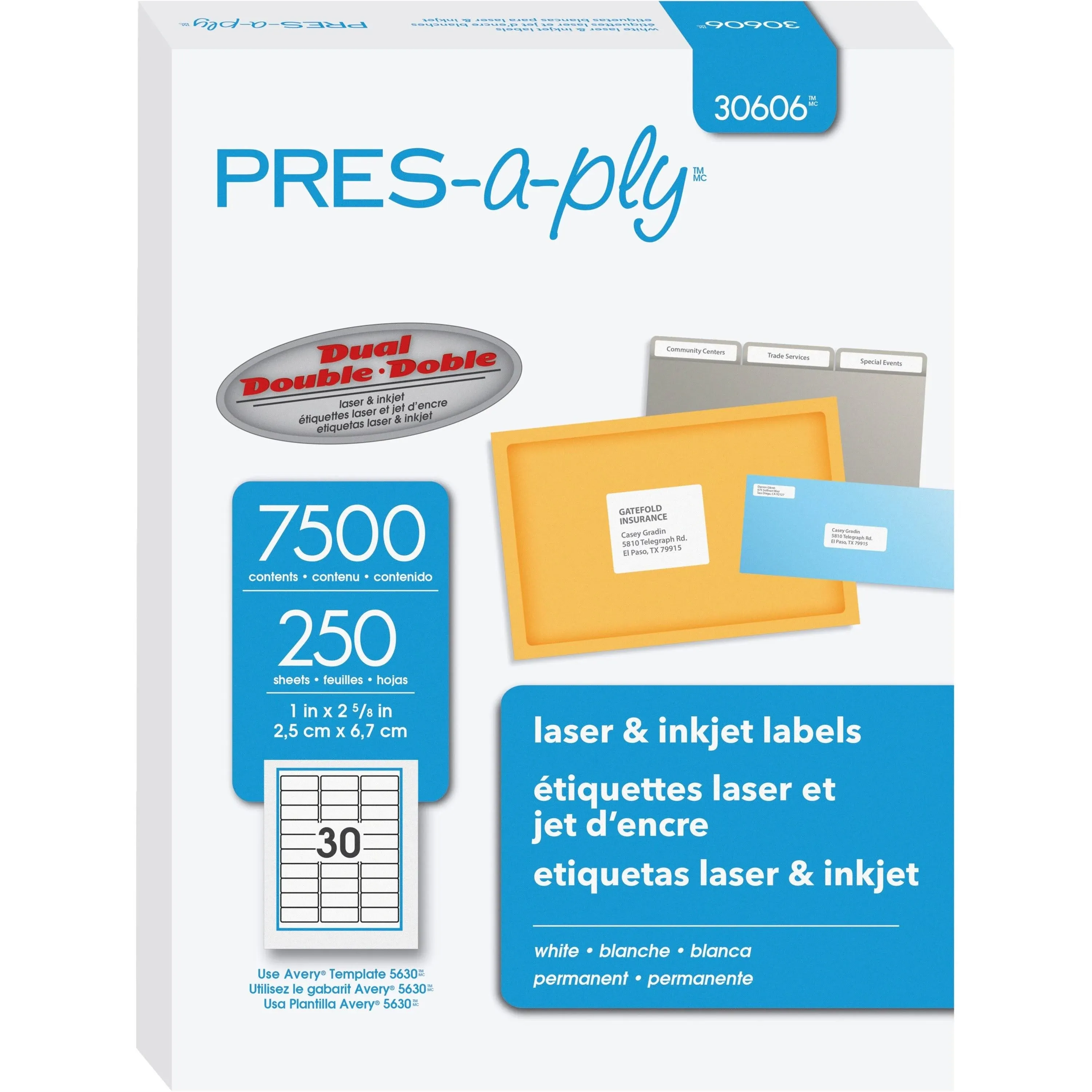 PRES-a-ply 30606 Laser Labels, Address, 1-Inch x2-5/8-Inch , 7500/BX, White