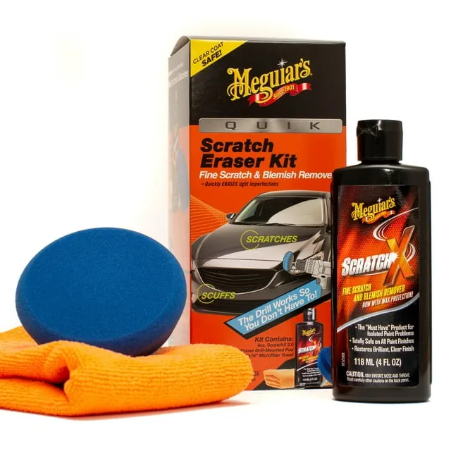 Meguiar's Quik Scratch Eraser Kit, Car Scratch Remover for Repairing Surface Blemishes, Car Care Kit with ScratchX, Drill-Mounted Pad, and Microfiber Towel, 3 Count