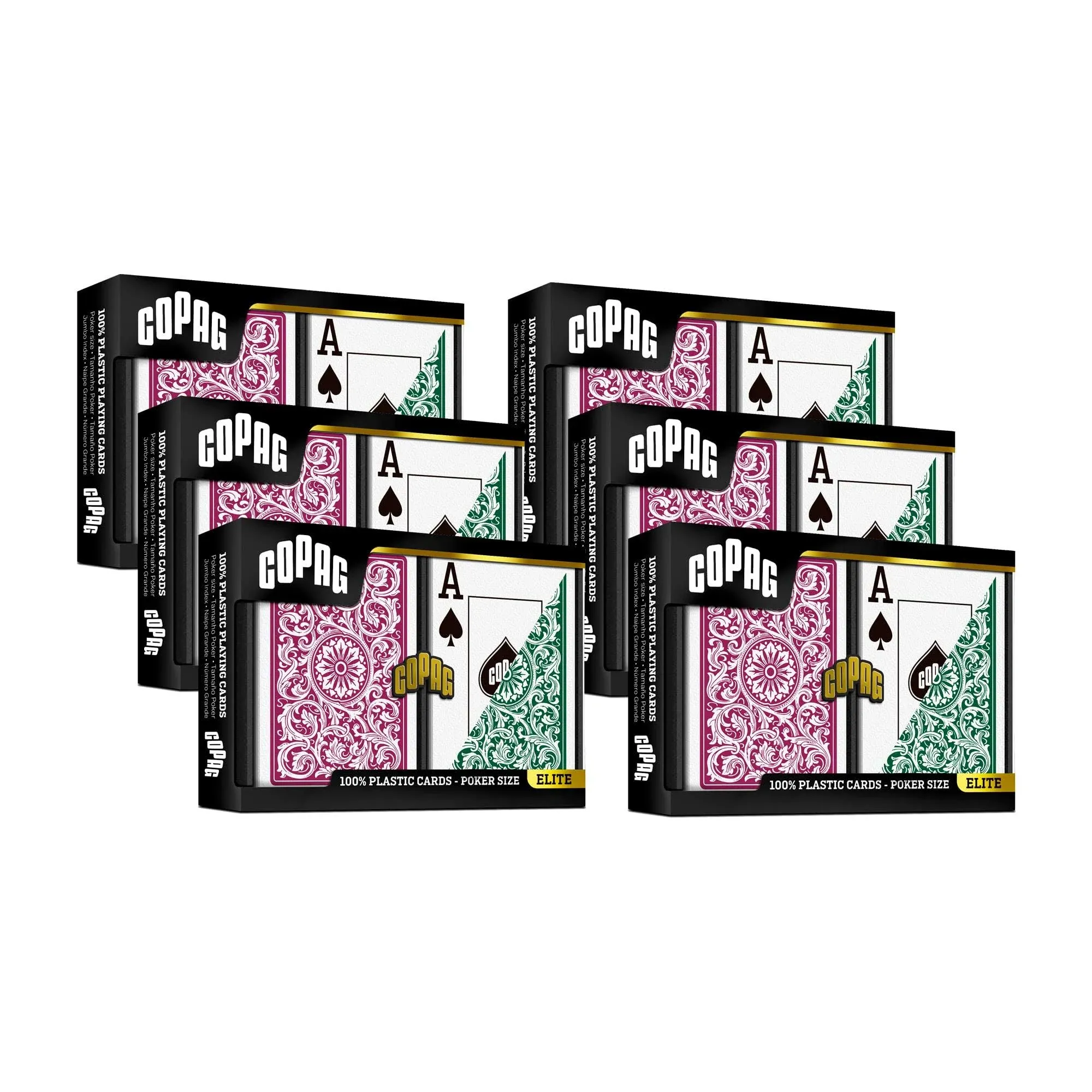 Copag 1546 Design 100% Plastic Playing Cards, Poker Size (Standard) Green/Burgundy (Jumbo Index, 6 Sets)