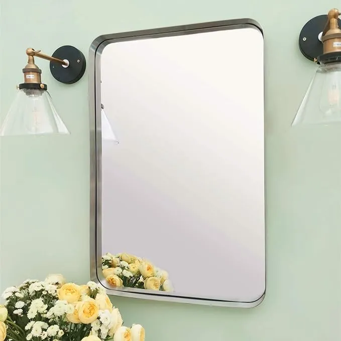 TEHOME 24x36 inch Brushed Nickel Silver Metal Framed Bathroom Mirror for Wall in Stainless Steel Silver Rounded Rectangular Bathroom Vanity Mirrors Wall Mounted…