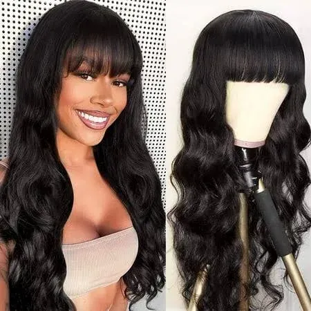 Natural Black Brazilian Virgin Body Wave Human Hair Wig with Bangs - 180% Density, Glueless, Machine Made - Perfect for Women Who Want a Natural Look