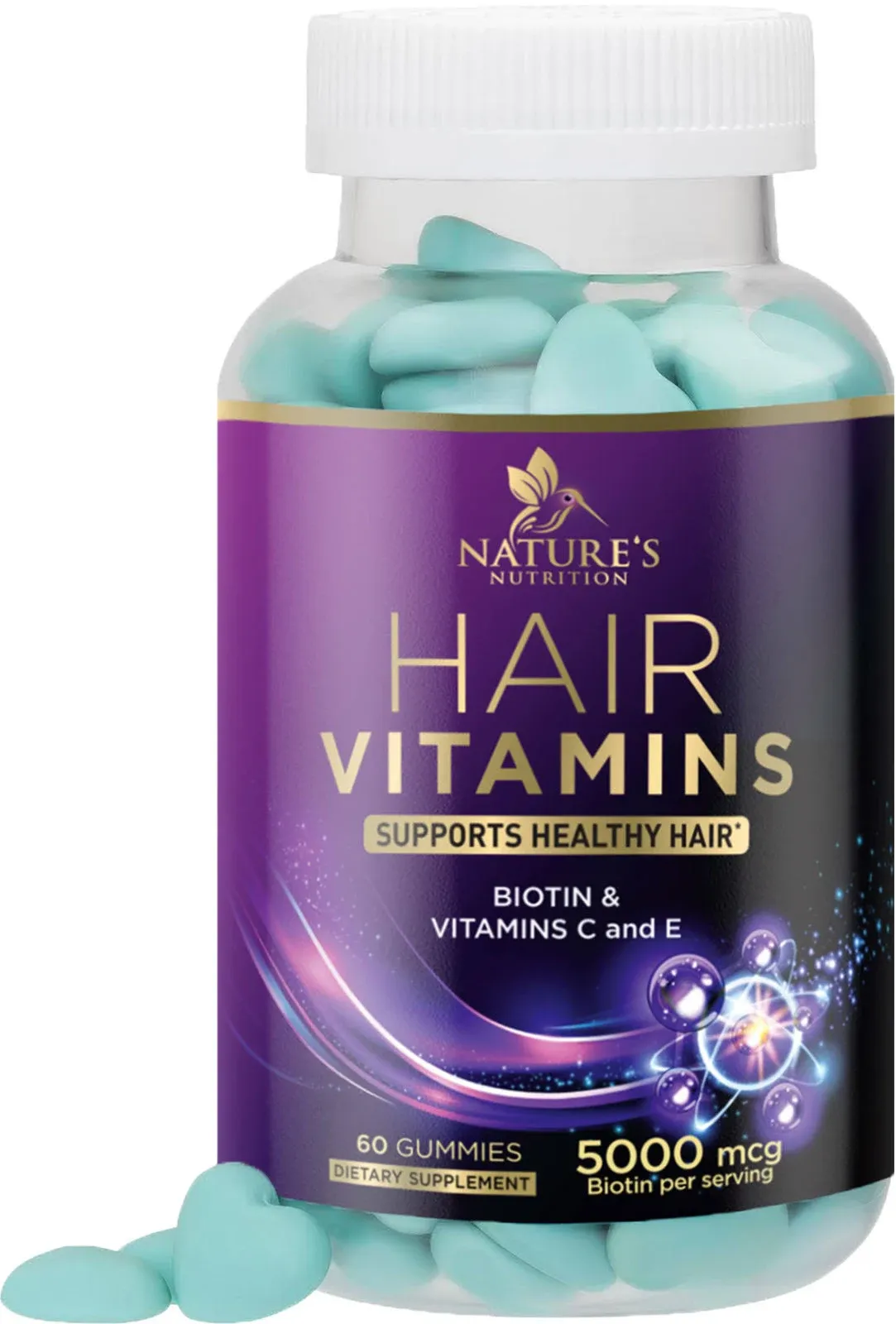 Hair Growth Supplement Gummy for Stronger, Radiant Hair, Skin & Nails - Hair Vitamins with Biotin 5000 mcg and Vitamin E & C, Nature's Extra Strength Hair Vitamins for Women & Men - 60 Gummies