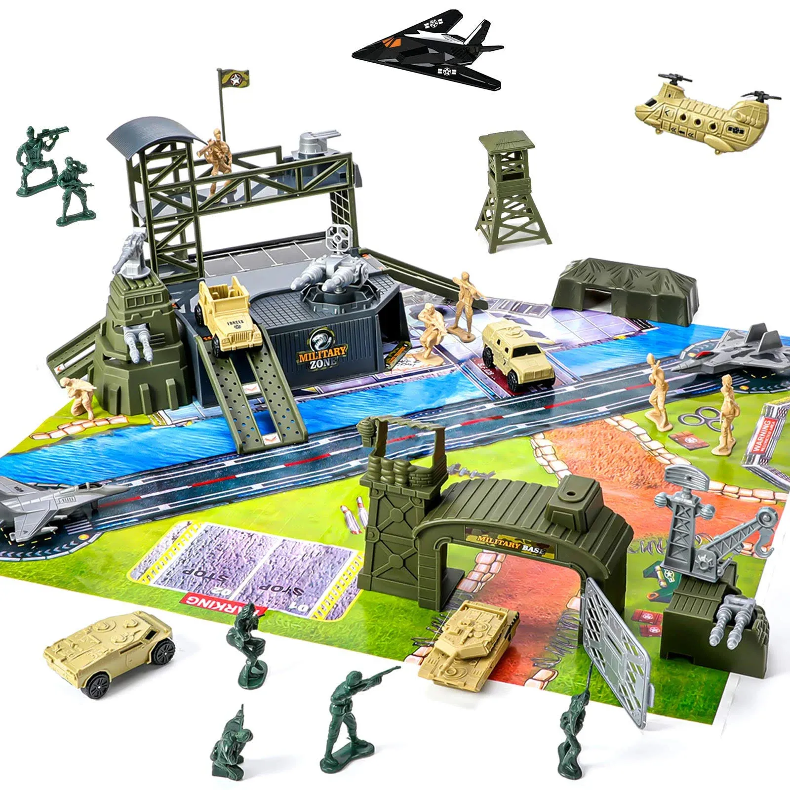 47 Pieces Military Base Set, Army Men Playset with Vehicles Accessories,Soldier Army Men and Play Map,Mini Army Toy Tank,Warplane,Helicopter Playset Plastic Christmas Toys Gifts for Kids Boys