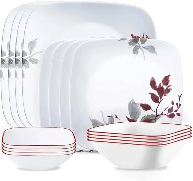 Corelle Kyoto Leaves 16pc, Service for 4, Dinnerware Set, 8 plates bowls, Chip & Break Resistant, Dinner and Corelleware White