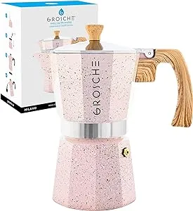 GROSCHE Milano Moka pot, Stovetop Espresso maker, Greca Coffee Maker, Stovetop coffee maker and espresso maker percolator (Pink, 3 cup)