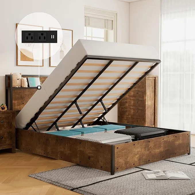 LUXOAK Full Size Lift Up Storage Bed, Wood Platform Bed Frame with Storage Headboard & Charging Station, No Box Spring Needed, Easy Assembly, Rustic Brown