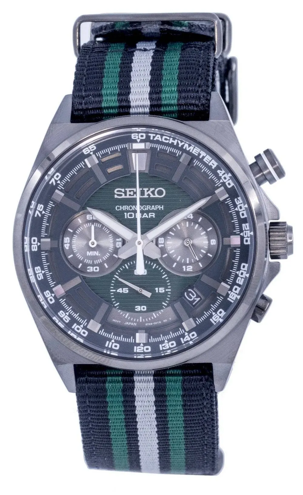 Seiko Chronograph Stopwatch Tachymeter Date Green Dial SSB411P1 100M Mens Watch