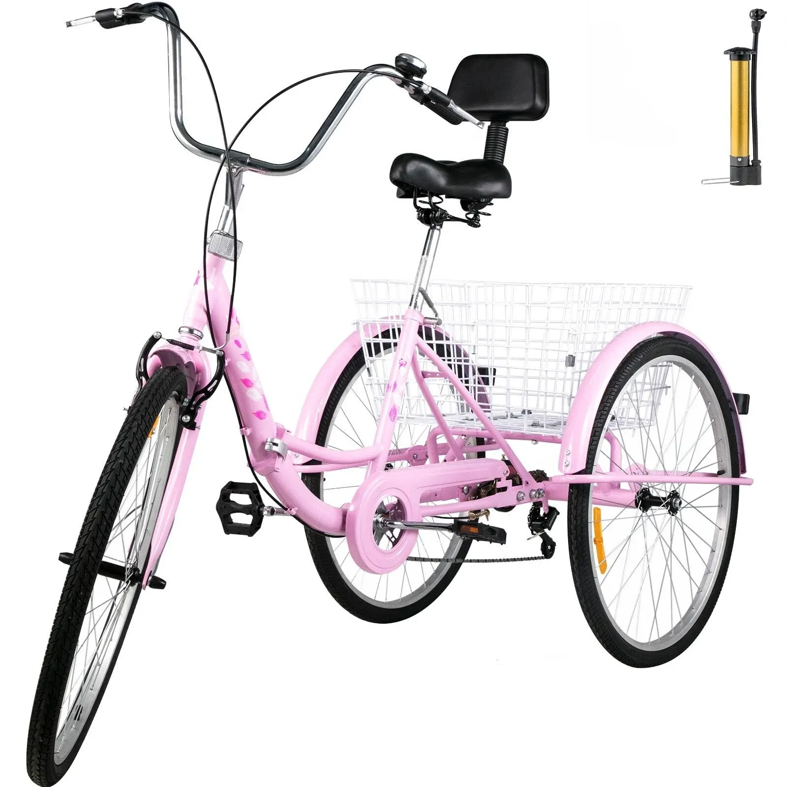 Foldable Adult Tricycle Folding Adult Trike 24&#039;&#039; 7 Speed Pink Bikes w/Basket