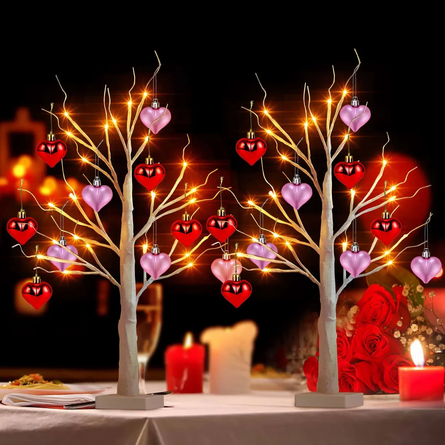 2pcs Valentine 24'' Tabletop Birch Tree, Timing White Birch Tree with 24 LED ...