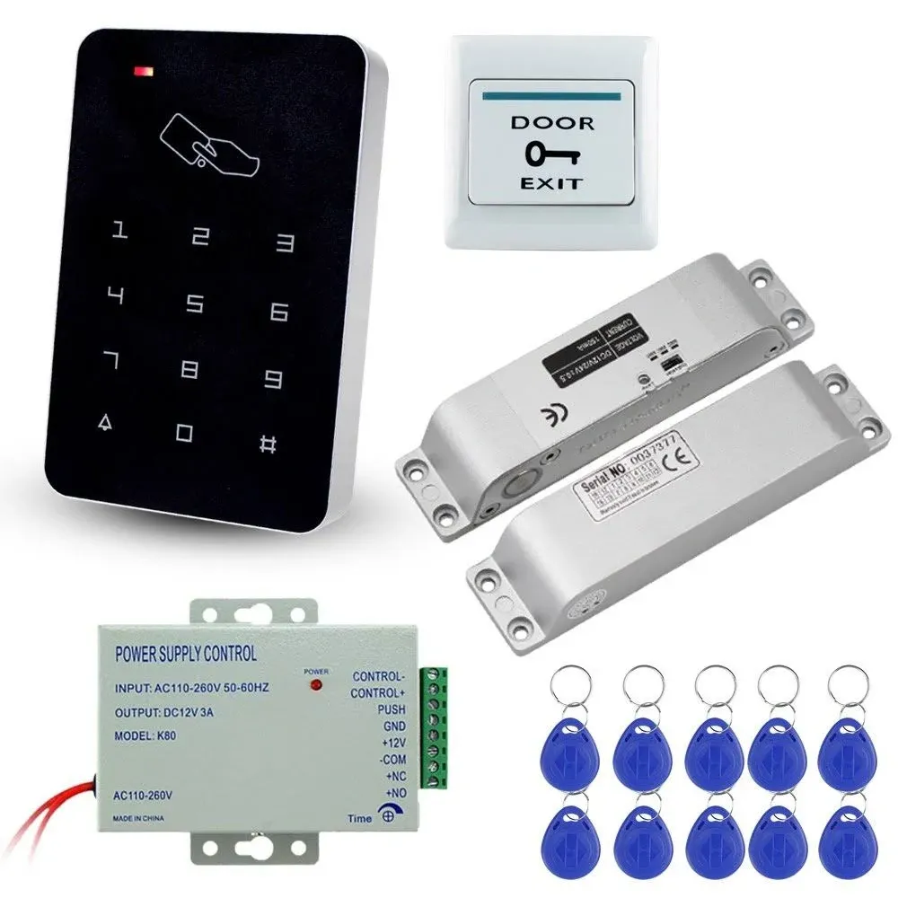 LIBO Full Set Kit of RFID Access Control Keypad 125KHz with DC12V Electric Lock Electronic Bolt Lock, 3A Power Supply, Exit Button, 10pcs ID Key Cards