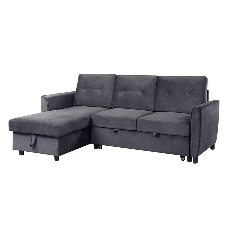 Bowery Hill Dark Gray Velvet Reversible/Sectional Sleeper Sofa with Storage Chaise