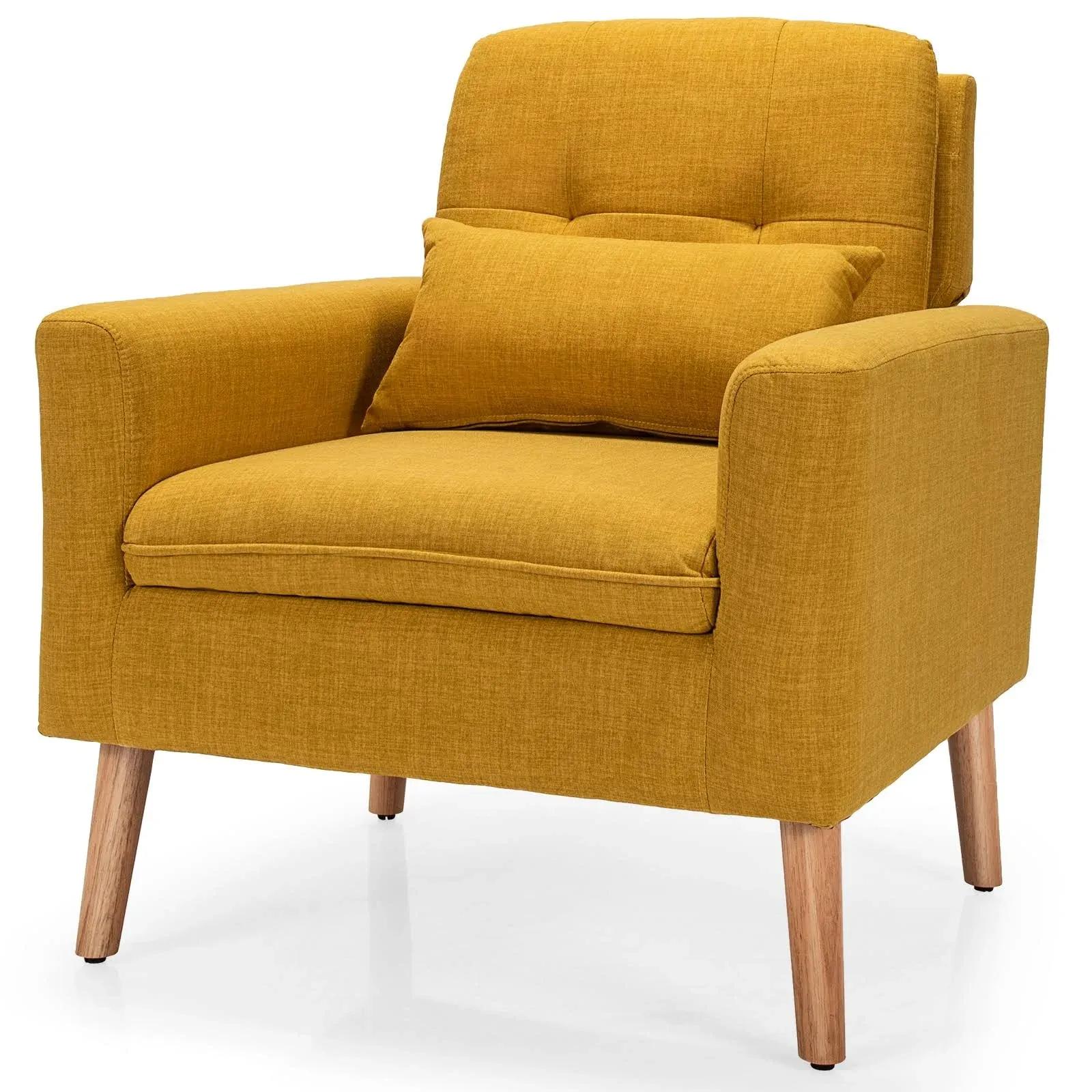 Yellow Linen Mid-Century Modern Living Room Accent Chair with Pillow