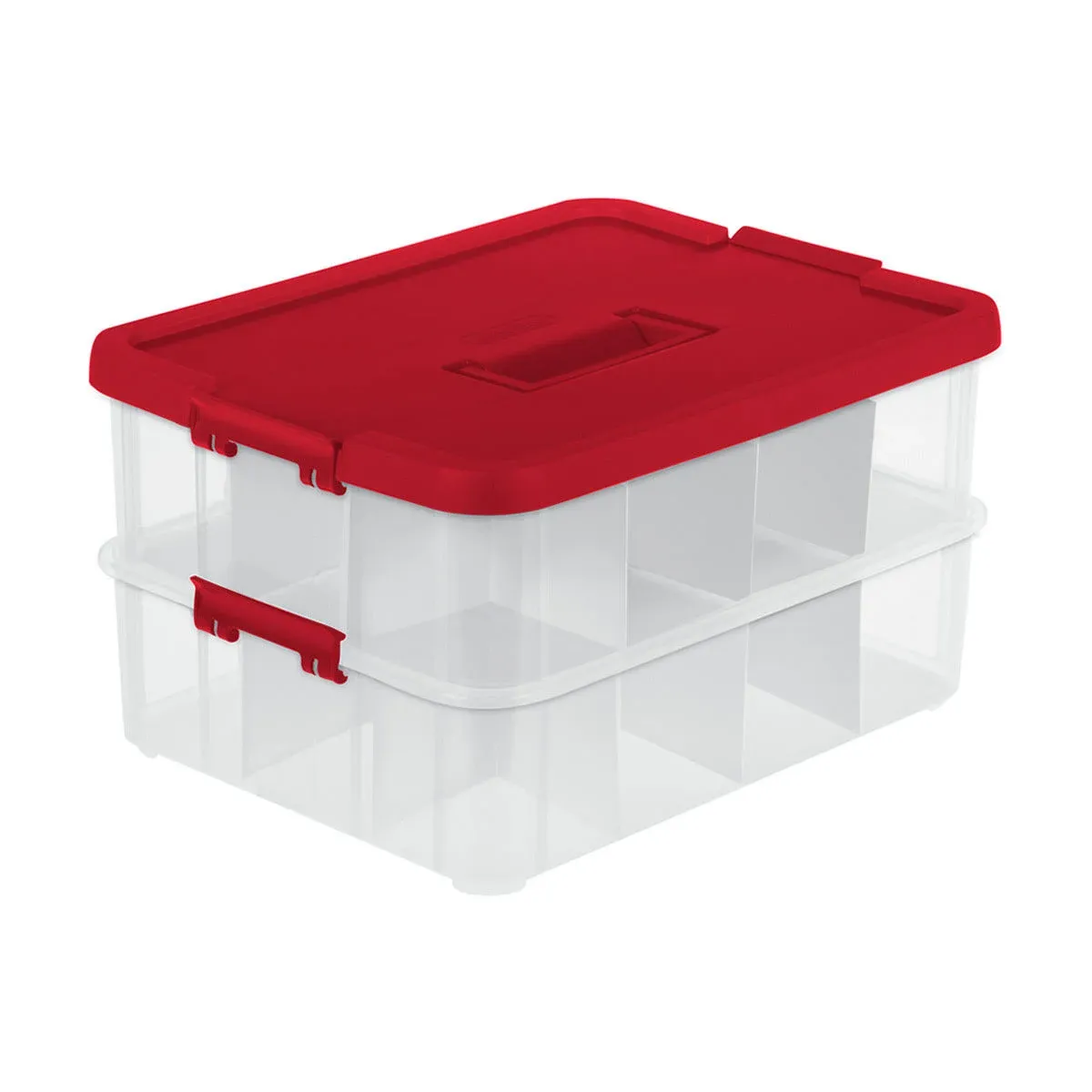 Sterilite 1427 Stack & Carry 2 Layer Ornament Box, Red Lid & Handle