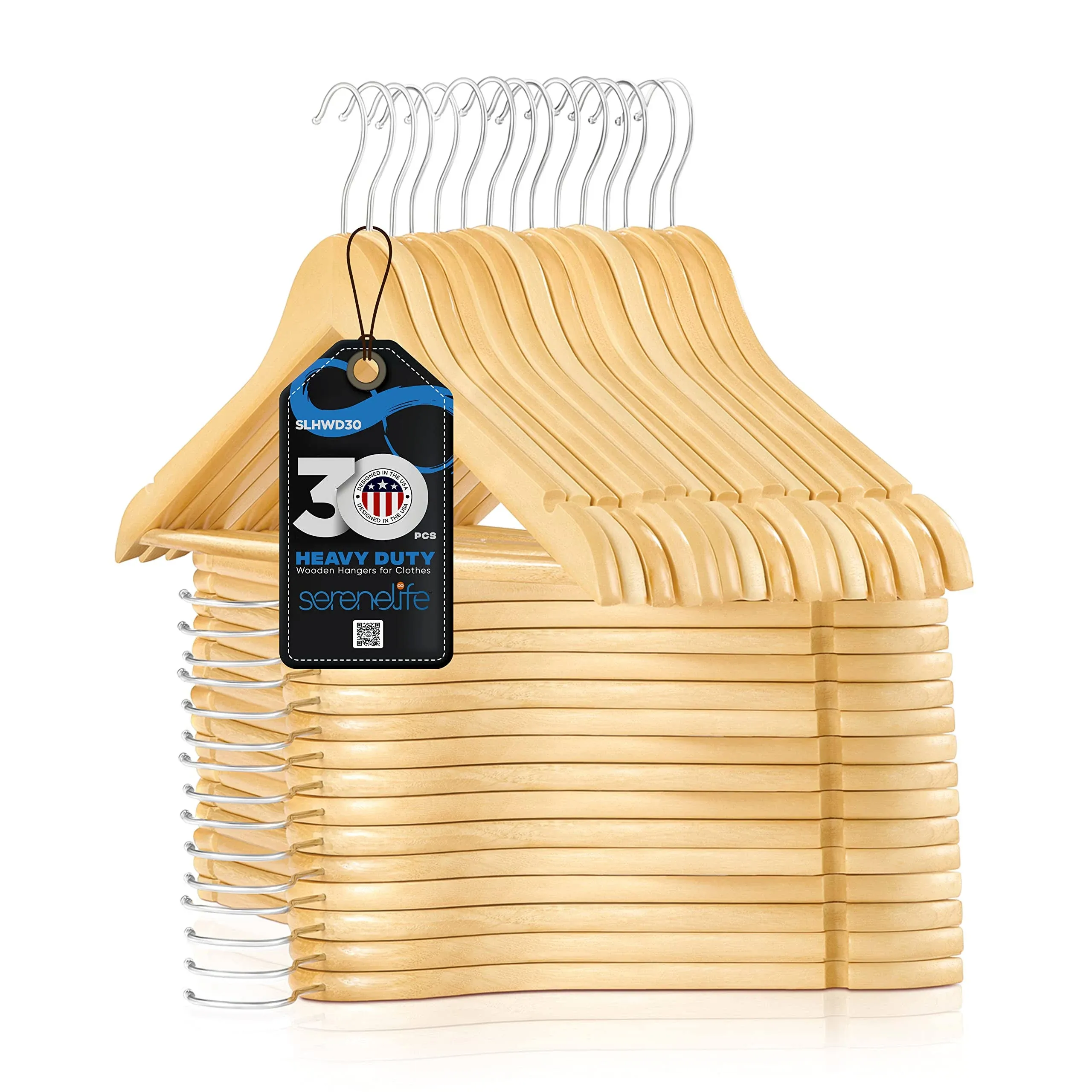 Serenelife 30 Premium Wooden Hangers Smooth Finish Space Saving Heavy Duty Suit ...