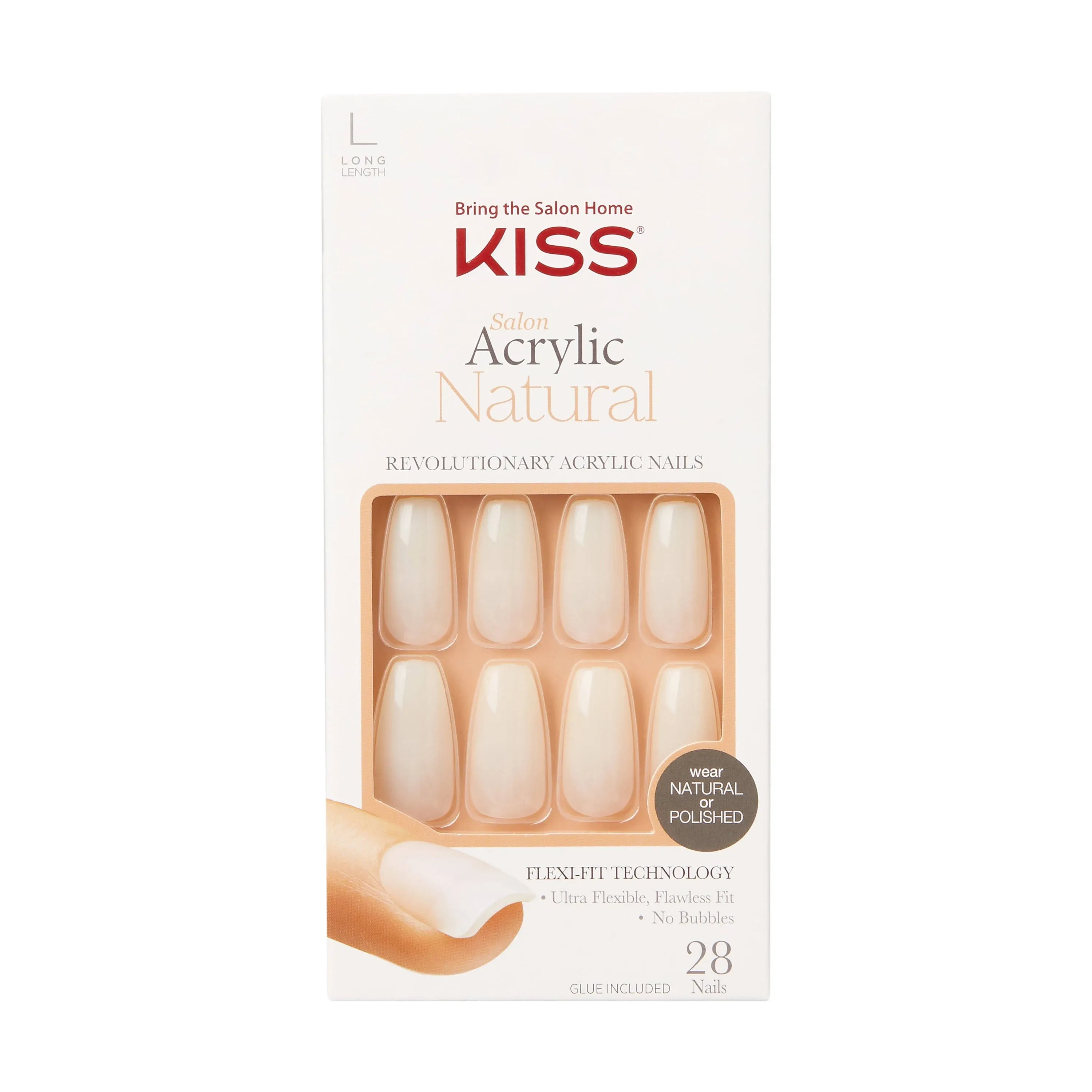 Kiss Salon Acrylic Natural Revolutionary Nails with 28 Nails and Glue, Long, 1 Ea