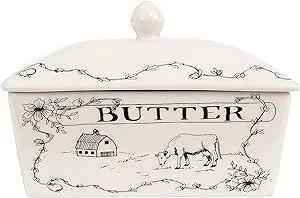 Creative Co-Op Country Stoneware Butter Dish with Lid, "Spread the Love" Message, and Farm Line Drawing, White and Black