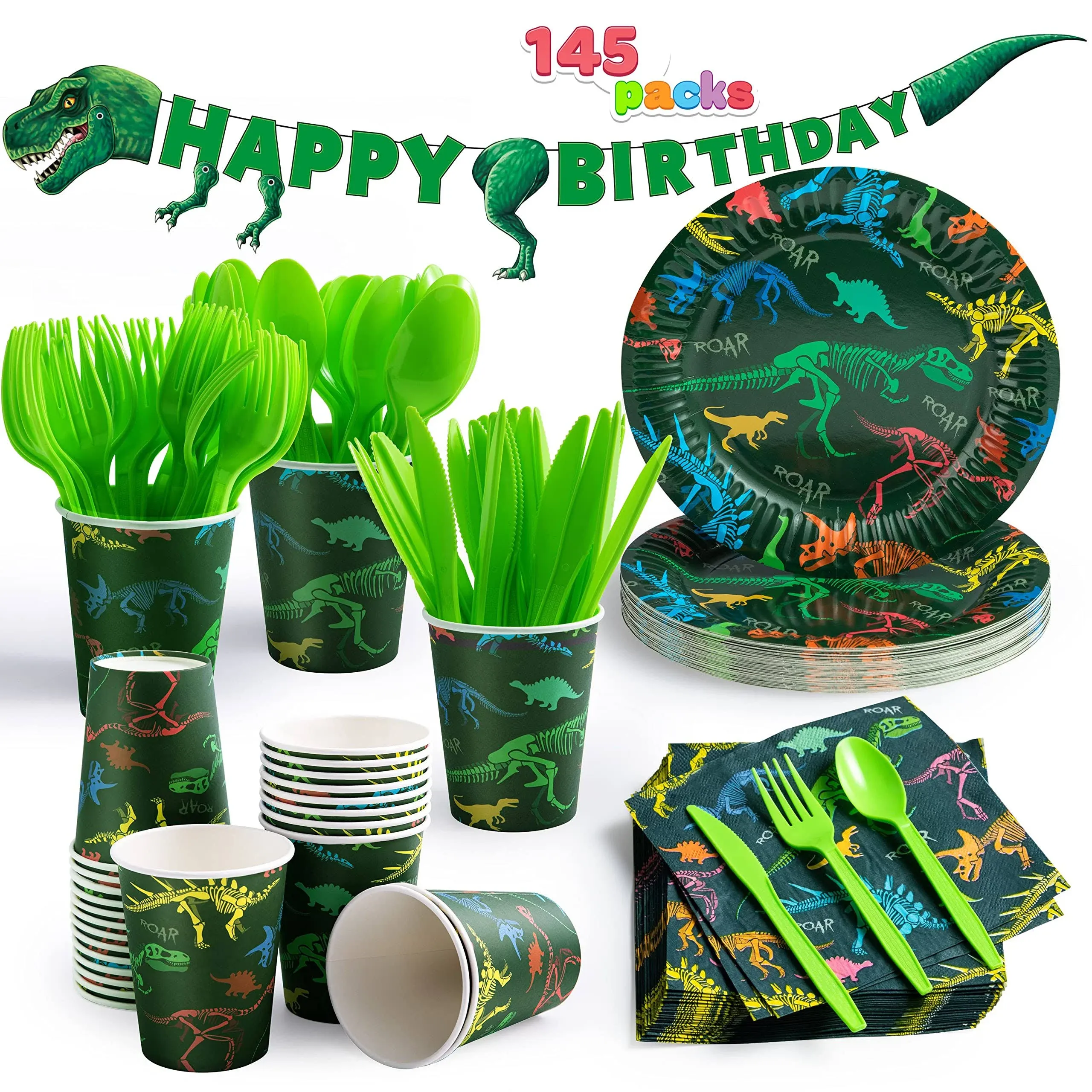 JOYIN 145 Pcs Dinosaur Birthday Party Supplies with Trex Banner for Boys, 24 Serves Dinosaur Disposable Tableware Set with Plates , Cups, Napkins, and Cutlery Sets for Dinosaur Themes Party Kids 2 3 4 5 6 7 8 Years