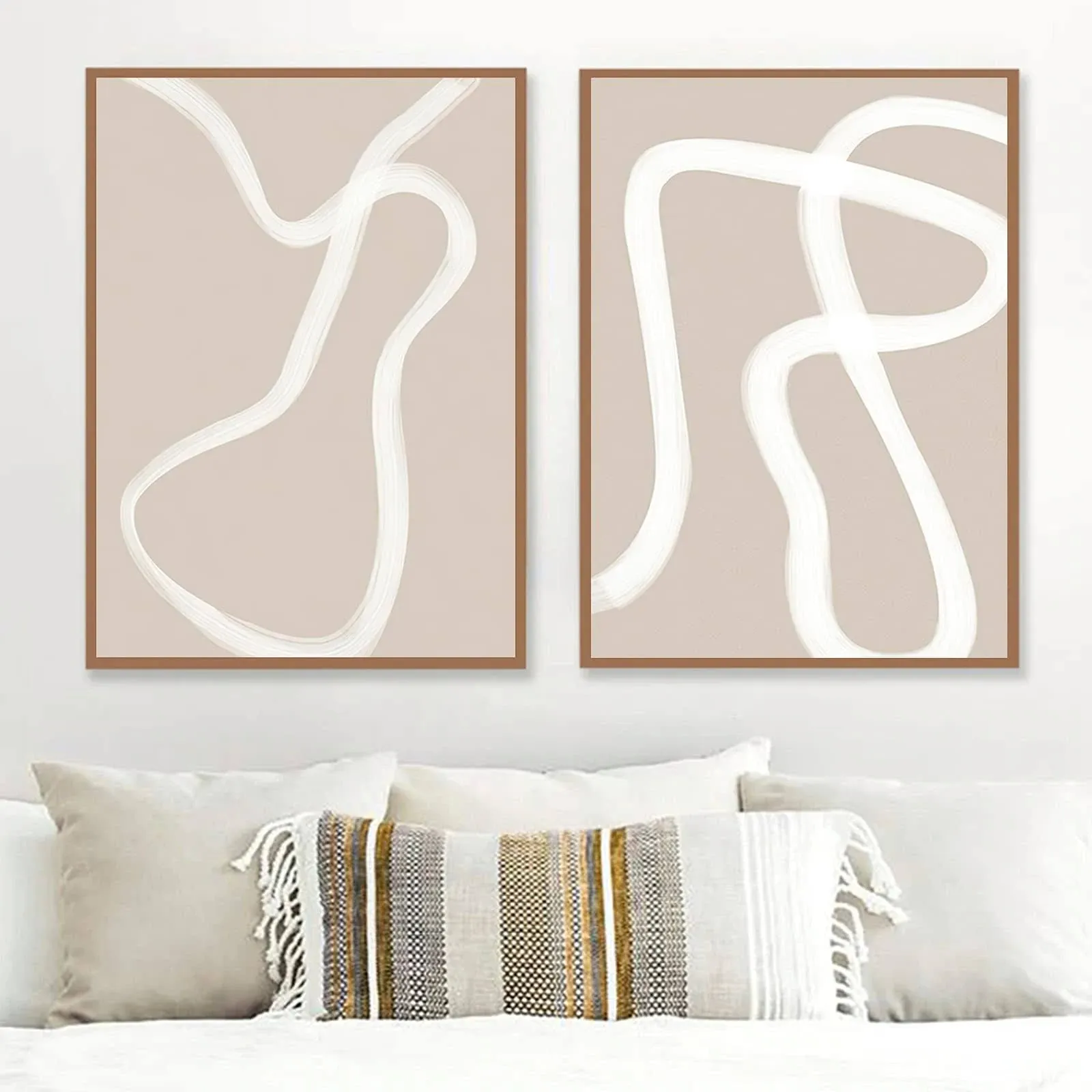 VLOLIFE Boho Trendy Poster Print Art Beige White Line Canvas Paintings Wall ...