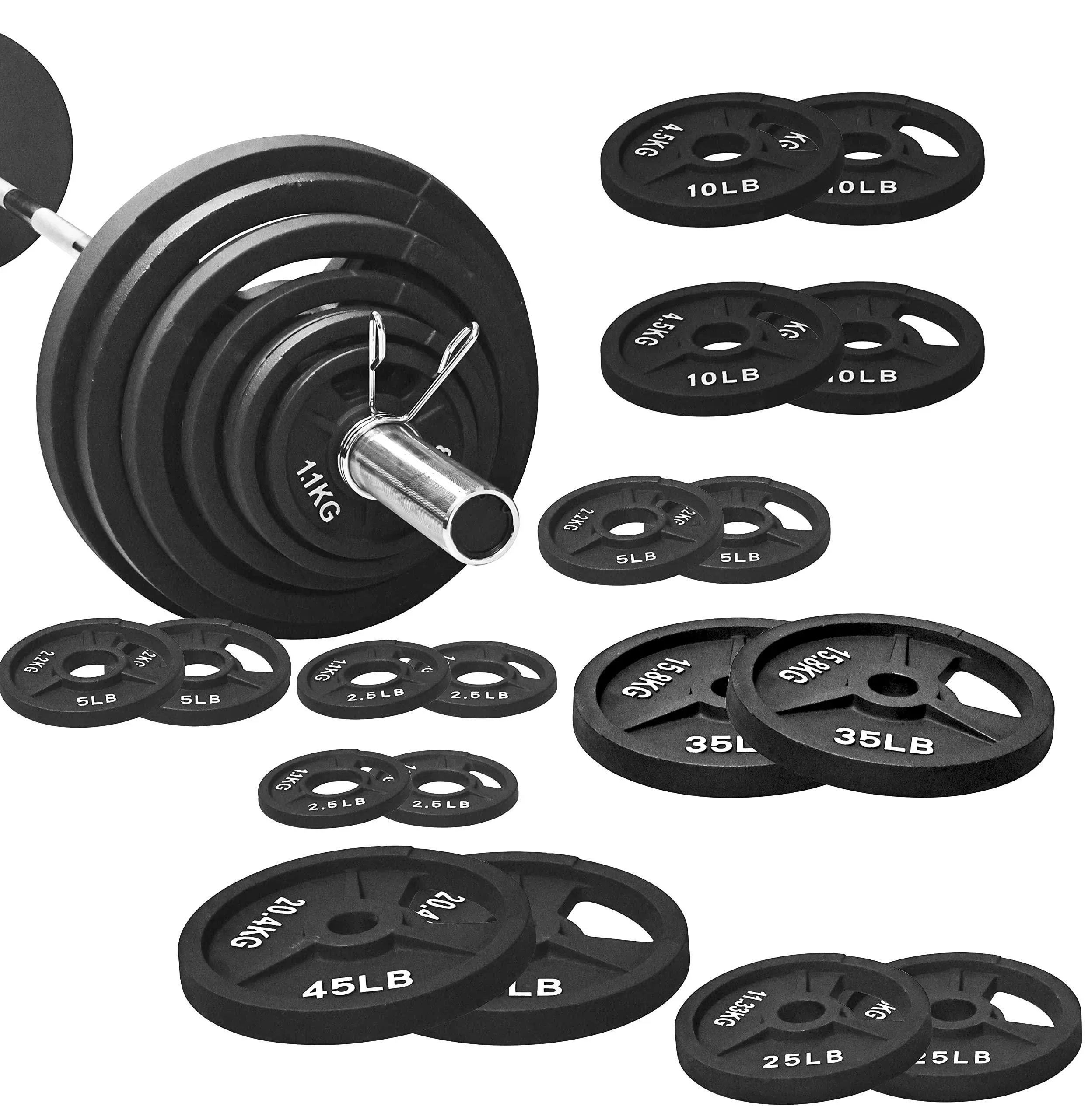 Signature Fitness Cast Iron Olympic 2-Inch Weight Plates Including 7ft Olympic ...