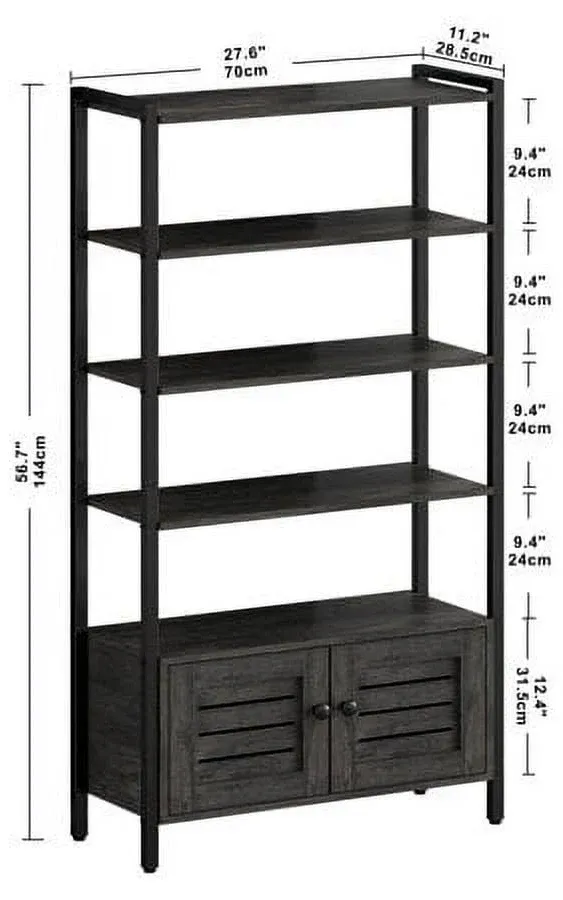 IRONCK Bookshelf and Bookcase with 2 Doors and 4 Shelves, Industrial Book Shelf 5-Tiers with Wheel, Height Adjustable Storage Cabinet for Living Room, Home Office, Bedroom, Charcoal Grey