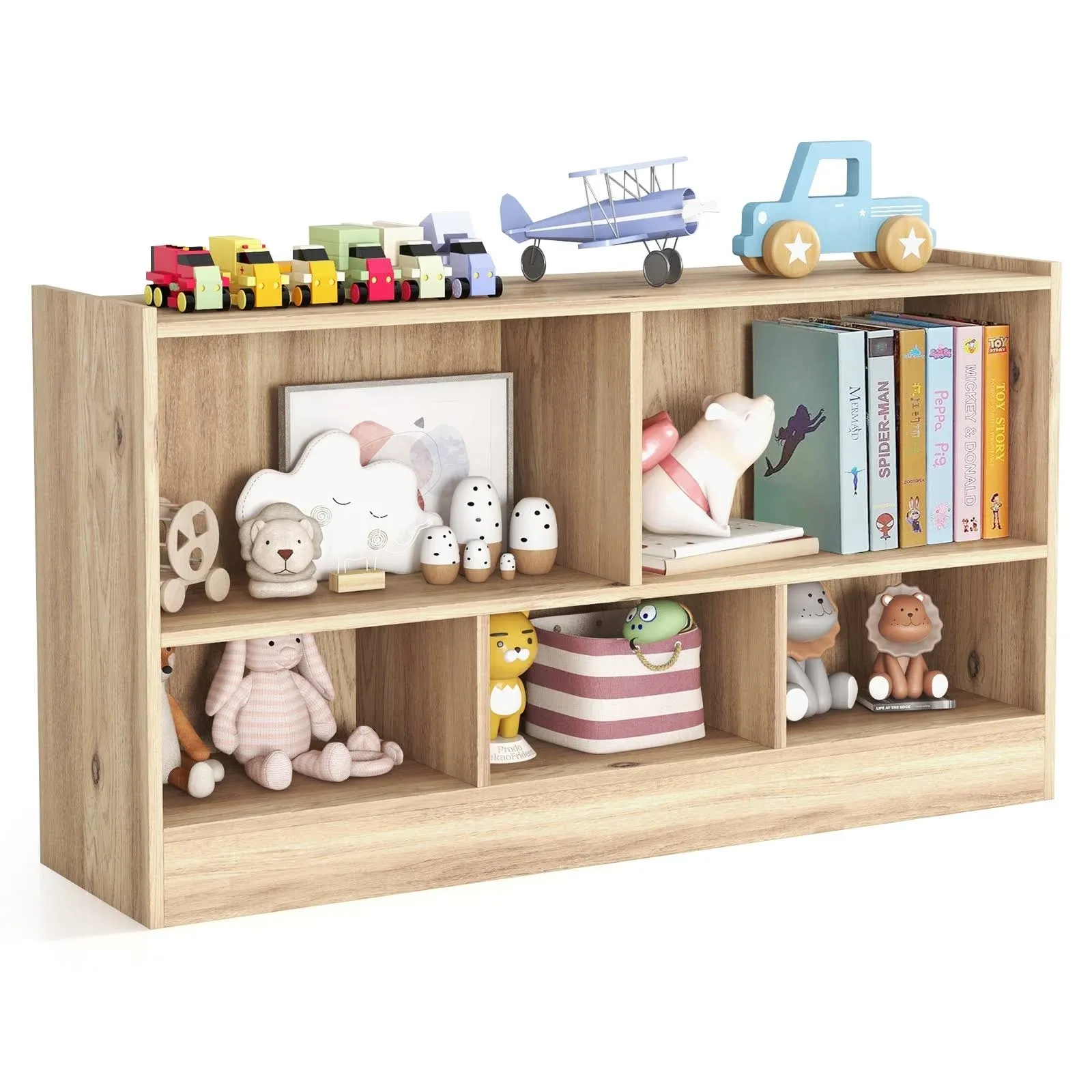 Hikidspace 2-Shelf Bookcase 5-Cube Wood Kids Toy Storage Cabinet Organizer