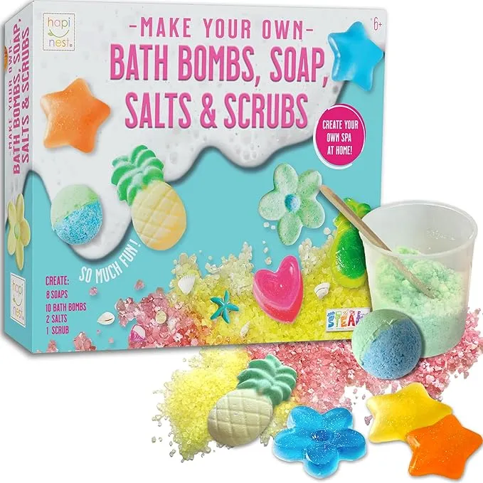 Hapinest Make Your Own Bath Bombs, Soap, Salts and Scrubs Spa Craft Science Kit for Kids Girls and Boys Toys & Gifts Ages 6 7 8 9 10 11 12 Years Old and Up