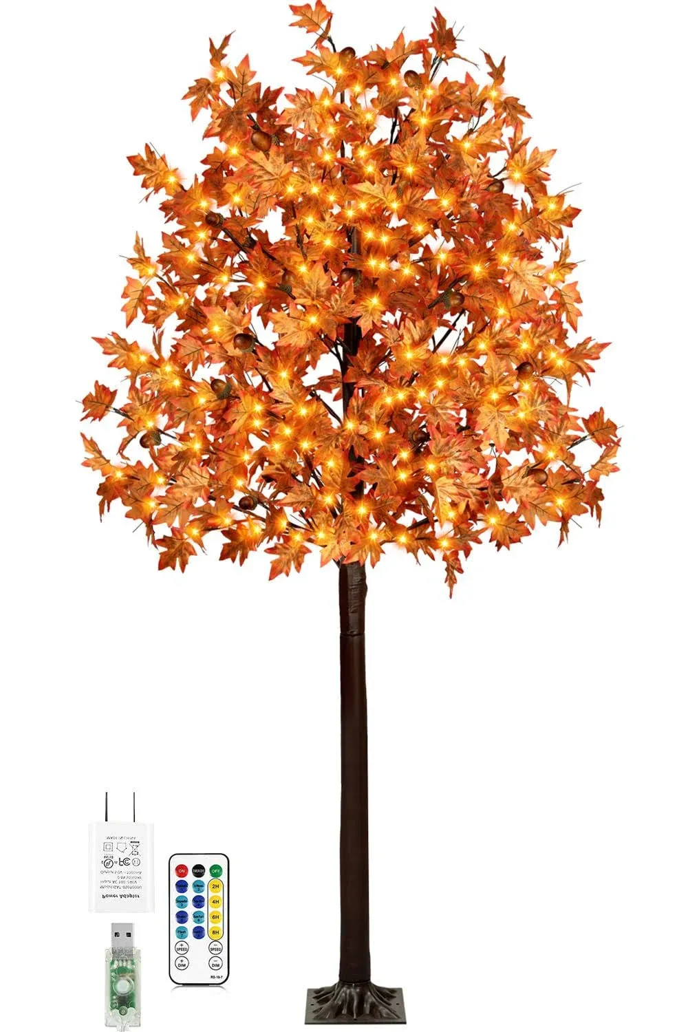 7FT 170 LED Lighted Maple Tree - Thanksgiving Decor Artificial Fall Tree with 17 Branches, 17 Acorns 340 Leaves, Remote 8 Flashing Modes, Timing, DC 5V Safe for Outdoor Wedding Party Autumn Decor…