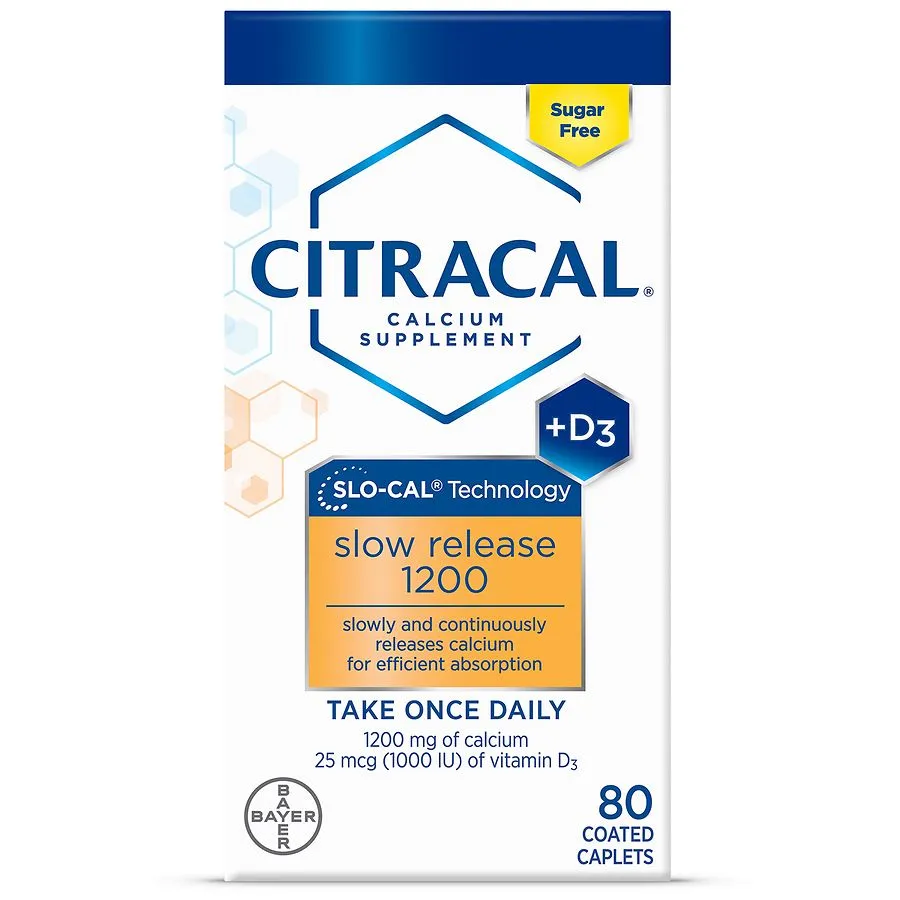 Citracal Slow Release 1200, 1200 mg Calcium Citrate and Calcium Carbonate Blend with 1000 IU Vitamin D3, Bone Health Supplement for Adults, Once Daily Caplets, 80 Count