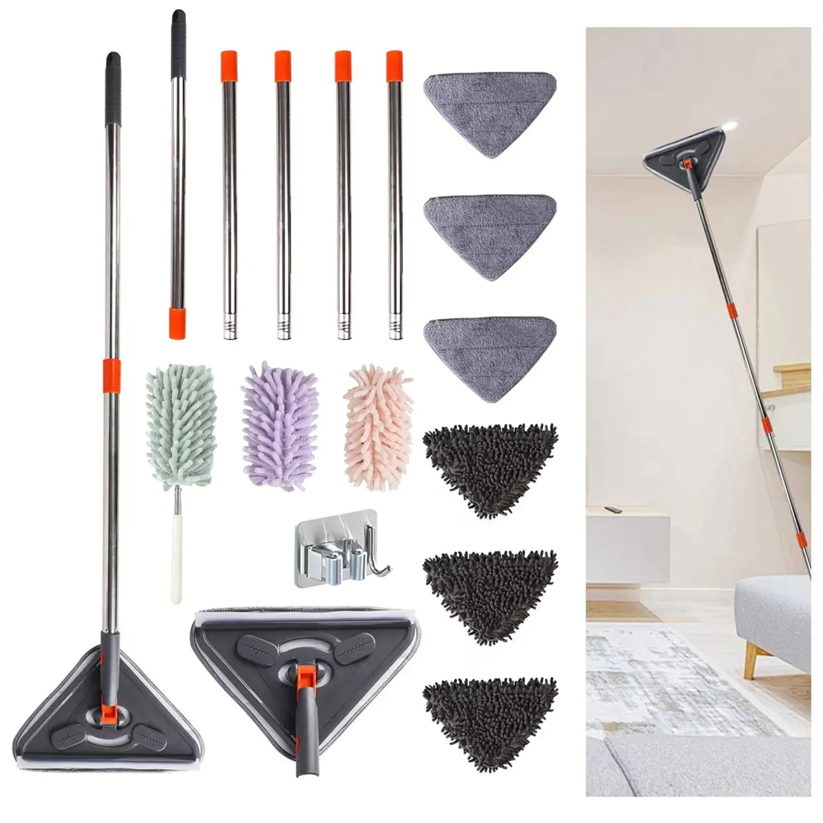 82 lnch Wall Mop with Long Handle, Ceiling Cleaner Tool, Duster for Triangle Mop Cleaning Baseboard Window Floor Car, with 6 Replacement Microfiber Chenille Pads, Extension Pole 25" to 82''