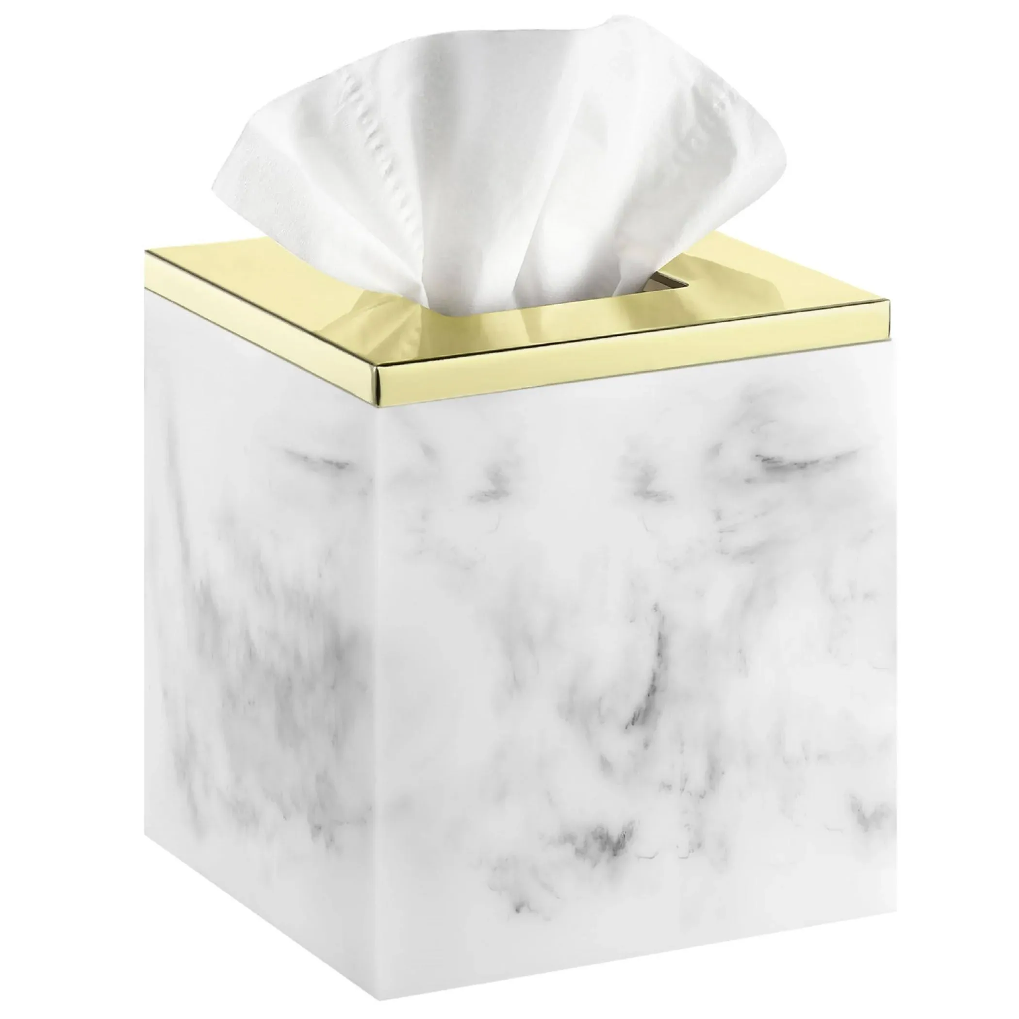 Luxspire Marble Tissue Box Cover, Square Tissue Box Holder with Golden Lid, Resin Modern Tissue Holder, Napkin Dispenser for Bathroom Vanity