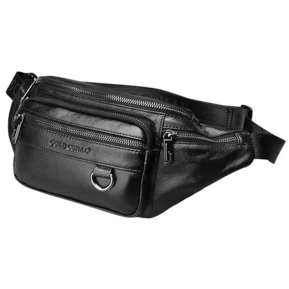 Leather Fanny Pack Waist Bag for Men Women Outdoor Travel Walking Hiking Camping Phone Pouch Wallet Casual Daypack Black