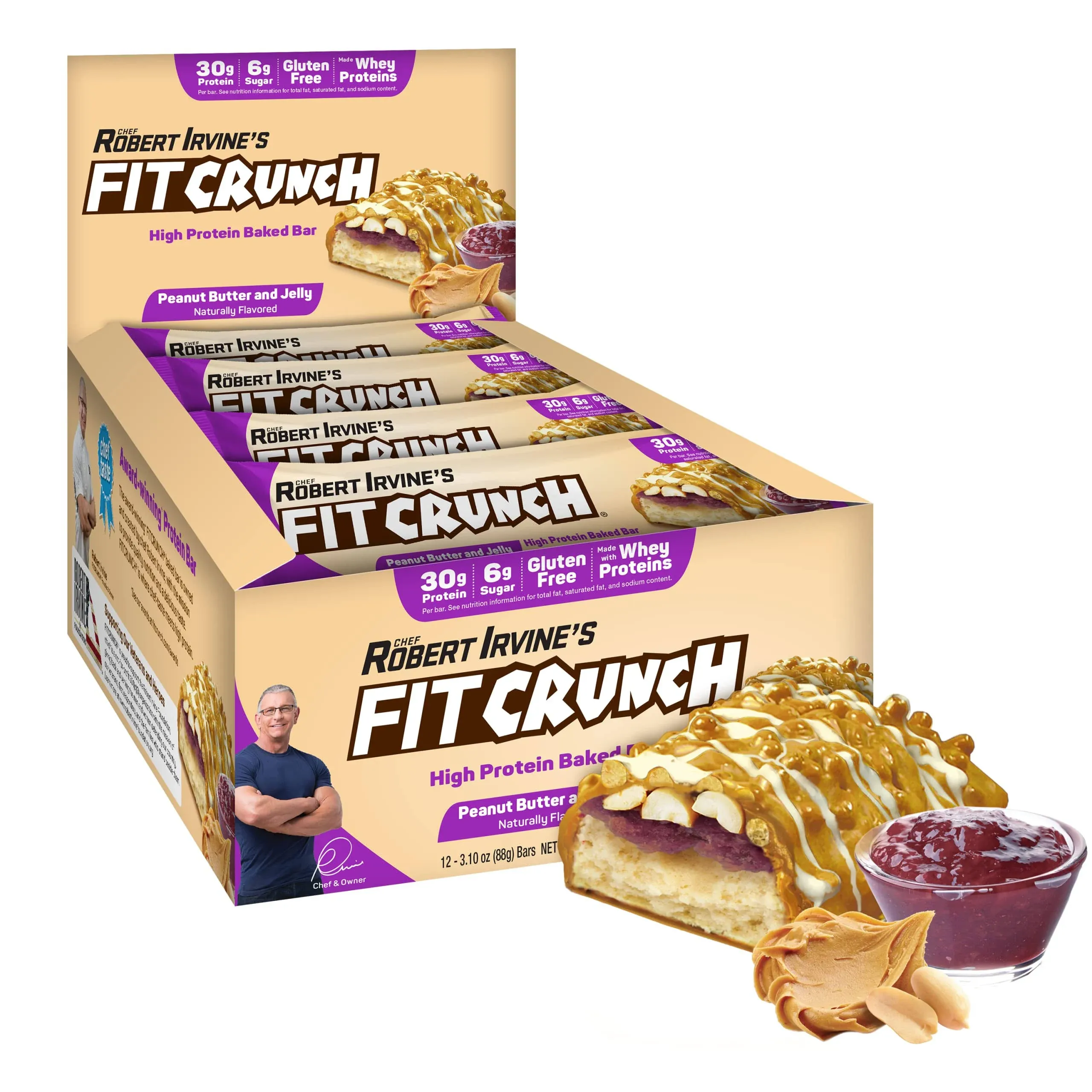 FITCRUNCH Full Size Protein Bars, Designed by Robert Irvine, 6-Layer Baked Bar, 6g of Sugar, Gluten Free & Soft Cake Core (Peanut Butter and Jelly)