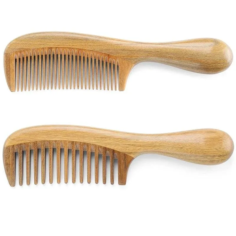 Onedor Natural Handmade Green Sandalwood Wide Tooth & Fine Tooth Hair Combs Set,