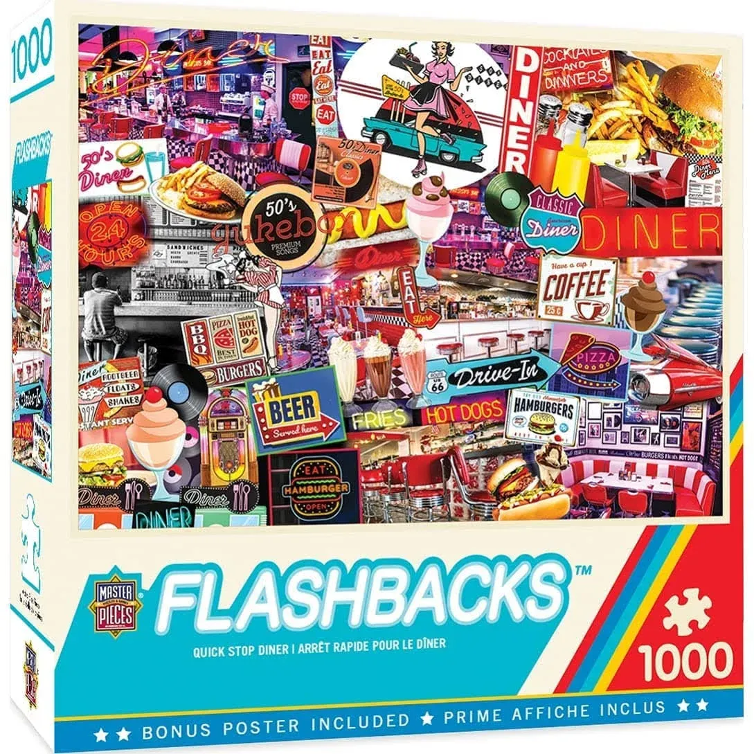 MasterPieces - 1000 Piece Jigsaw Puzzle, Quick Stop Diner, Fun for Adults, Family, Kids, Non-Glare Finish, 19.25" x 26.75"