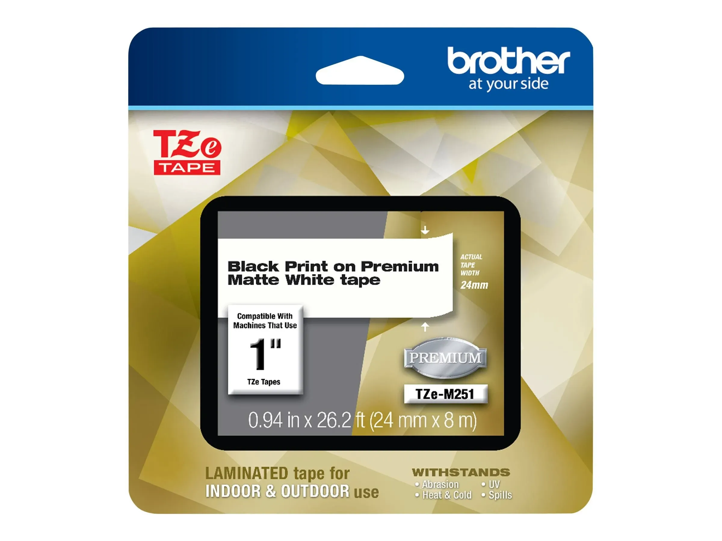 Brother TZEM251, TZe Premium Laminated Tape, 0.94" x 26.2 ft, Black On White