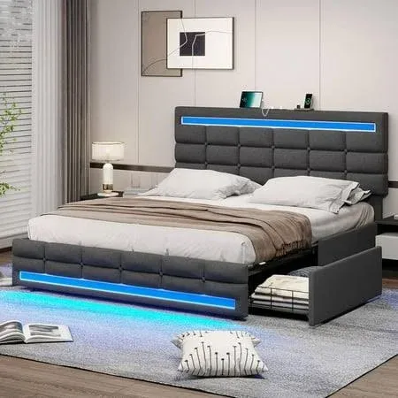 Full Size Upholstered Bed Frame with 4 Drawers &amp;LED Lights Headboard Footboard