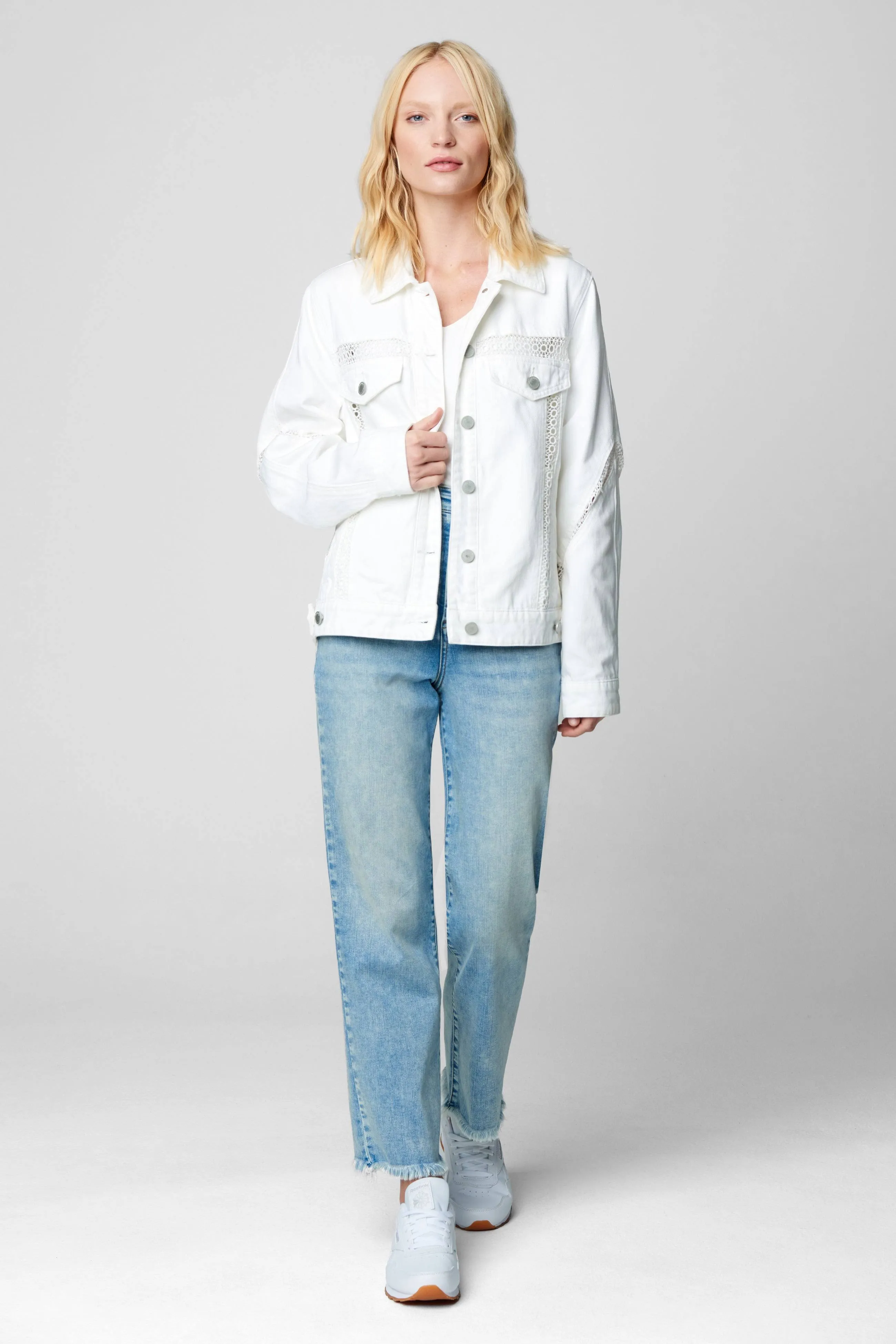 Blank Nyc Oversized White Denim Trucker Jacket with Crochet Trim in : MD