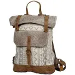 Myra Bag Classy Leather & Upcycled Canvas Backpack S-1237, 13.5" W x 19" H x 4.5" D, Ivory, Brown