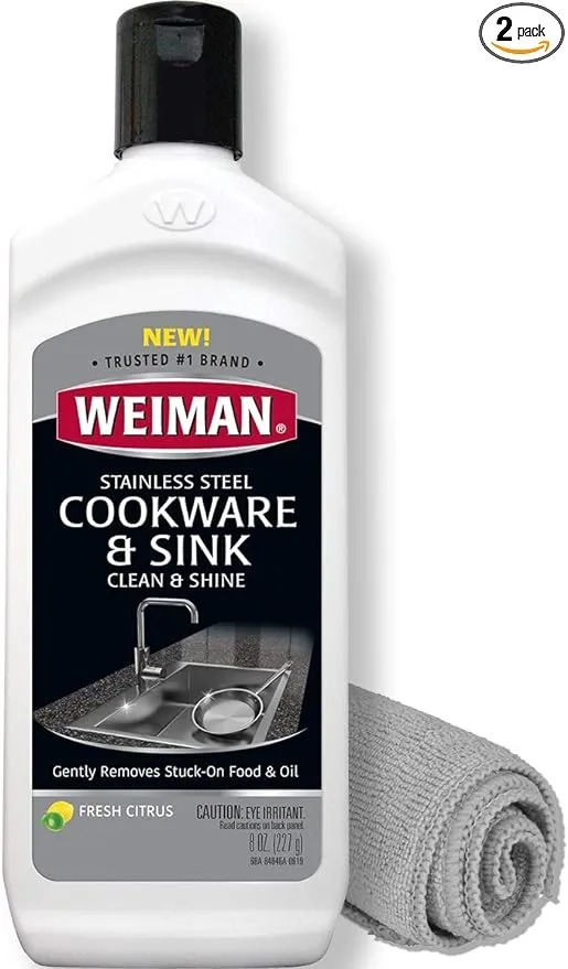 Weiman Stainless Steel Sink and Cookware Cleaner and Polish with Microfiber Cloth - 8 Ounce