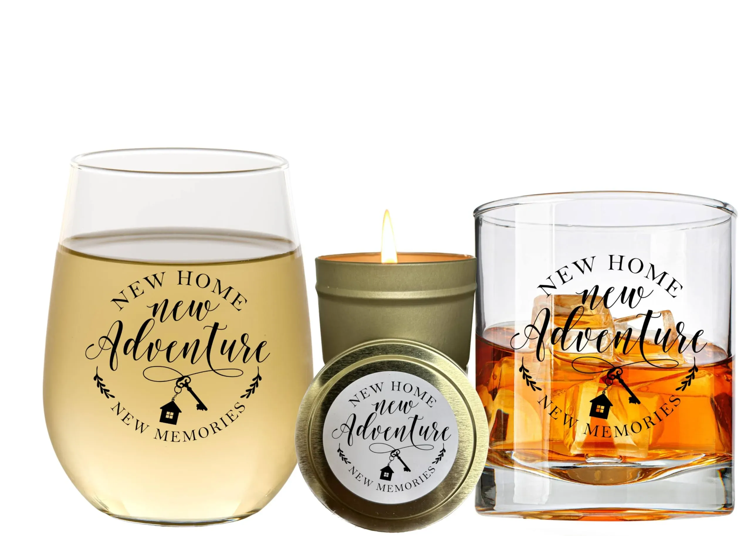 Unique House Warming Gift Set - New Home New Adventures Wine and Whiskey Glass 